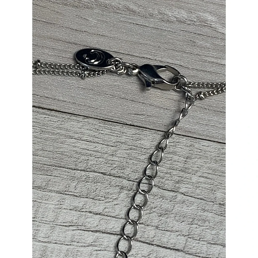 Silver Tone Double Layer Necklace Blue Teardrop Stone Metallic Fringe 20